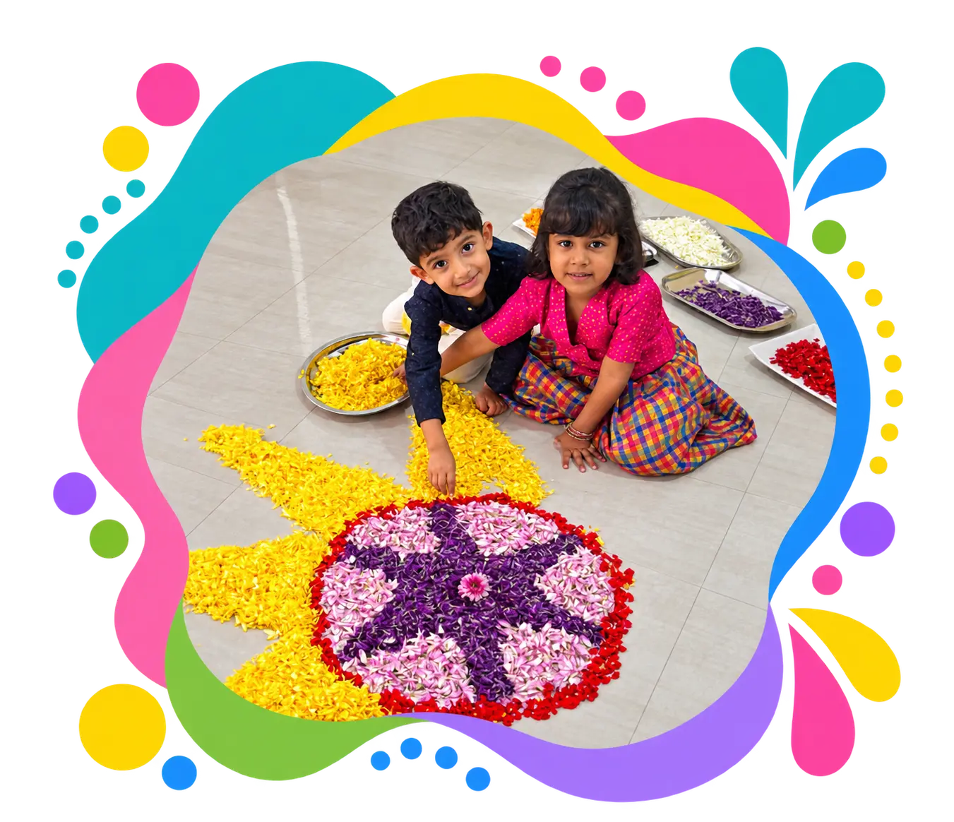 A boy and girl doing rangoli